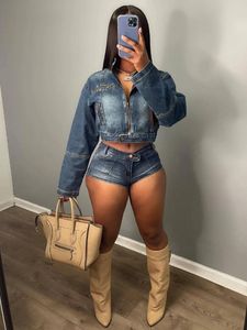 Women's Tracksuits Streetwear Jeans Pants Outfit Set Sexy Women Elegant Two Pieces Denim Club Matching Jacket Shorts