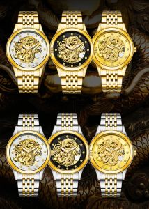 Tevise luxo ouro dragão design relógios masculinos esqueleto de aço inoxidável relógio mecânico automático à prova dwaterproof água masculino clock298g