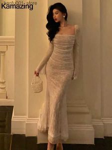 Basic Casual Dresses Vintage Elegant Bandage Mermaid Dress Spring Long sleeved Lace Evening Party Prom Womens Leisure Square Collar Q240322