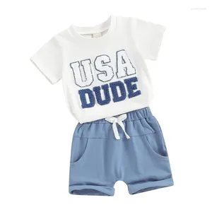 Kläduppsättningar småbarn pojkar 4 juli kläder usa brev tryck korta ärm toppar och shorts 2st baby sommarkläder