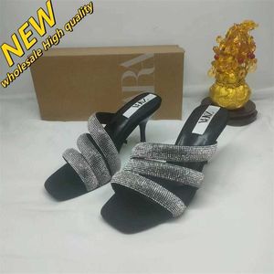 Cheap Store 90% Off Wholesale Za Womens Shoes with Water Diamond Stripes Square Headed High Heels Thin Sandals Slippers Outwear Casual Fashion Versatile