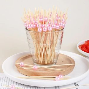 Forks 100Pcs 12cm Beads Fruit Bamboo Sticks Dessert Buffet Toothpicks For Wedding Birthday Party Cocktail Cupcake Toppers