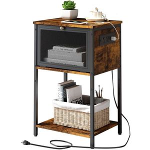 NONGSHIM Charging Station USB Port, with Flip Drawer and Open Storage Rack, Small Space Bedside Table, Bedroom, Living Room Side Table - Rural Brown