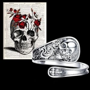 2024 nova colher de crânio gótico Flor de rosa Ajuste Ajuste 14k anel de ouro Bohemian Victorian Vintage Anéis de joias Presentes de Natal para mulheres