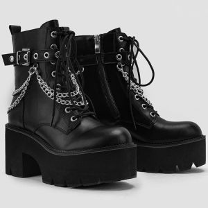 Boots Women's Black Motorcycle Boots Lace Up High Heels Side Zipper Large Size Platform Leather Boots Gothic Shoes Botas Plataforma