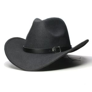 Luckylianji Boys Girl Wide Brim Country Western Leather Band Hat Fedora Trilby Wool Felt Jazz Chapeu Cowboy Cap för barn 240311