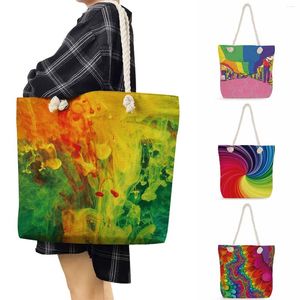 DrawString Watercolor Shoulder Strap Fashion Handväska Kvinnlig rese Tjock rep Väska Kopplingsväskor Multicolor Totebags för kvinnor Hög kapacitet