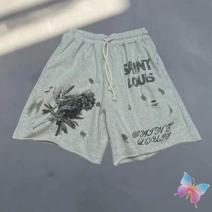 Shorts masculinos 24ss lavados cinza vintage street saint michael shorts respingados de tinta esboço angustiado shorts casuais capris homens mulheres calças j240322