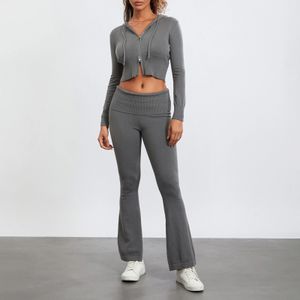 Kvinnors stickade spårdräkt Två bitkläder Set Lång ärm Zip Up Croped Hoodie och Bootcut Flare Pants Set Sportwear 240402