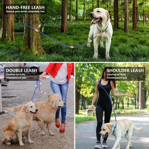 Hundehalsbänder, multifunktionales Doppelkopf-Traktionsseil für Haustiere, genäht mit echtem Leder, verstellbare Größe, diagonal