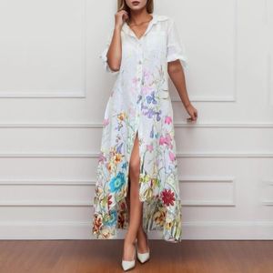 Casual Dresses Women's Fashion Lapel Buttons Flower Sexy Slit Shirt Dress Loose A-Line 2024 Office LadyTemperament