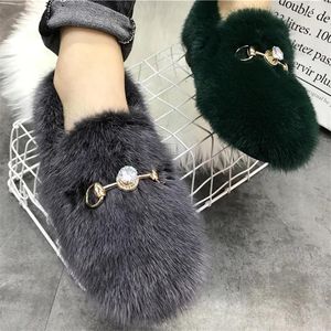 Casual Shoes Gray Women Flat Metal Decor Moccasins Platform Espadrilles Winter Warm Mink Fur Loafers Ladies Driving Flats