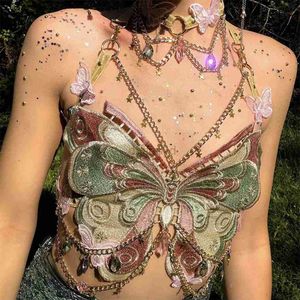 Women's T-Shirt Your Bump CURVE Sexy Womens Crystal Chain Butterfly Embroidered Sleeves Backless Adjustable Short Top Music Ball 240322