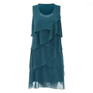 Casual Dresses Round Neck Dress Chic Layered Chiffon Sheath For Women O-neck Mini With Drilling Decor Loose Fit Cake Work