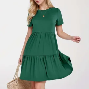 Casual Dresses Fashion 2024 Causal Summer For Women Lose Solid Long O-Neck Dress Vintage Short Sleeve Womens Clothing Vestidos