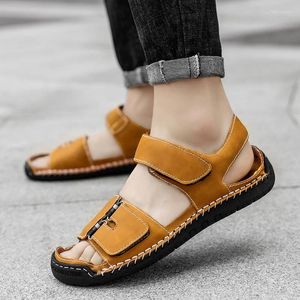 Sandalet marka el dikilmiş iplik erkekler yaz inek deri açık rahat hafif sandal moda spor ayakkabı boyutu 38-48