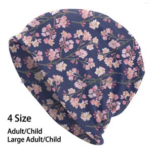 Berets Cherry Blossom Pattern ( Navy ) Beanies Knit Hat Blossoms Spring Pink Delicate Flowers Branches Flowering Tree Floral