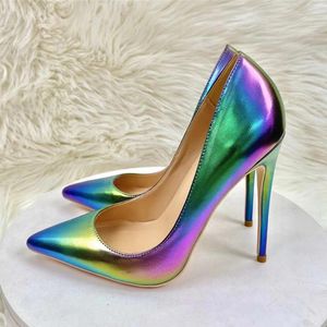 Klänningskor laser regnbåge glänsande pekig tå 12 cm 10 cm 8 cm höga klackar bröllop party bridemaids glittrande sexiga kvinnor stiletto pumpar qp194