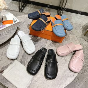2024 New Square-toed Muggles Shoes Sandals Genuine Leather buckle Casual Half Pack Slippers Luxury Suede Soft Sandal Slides Mules women lady flat Slippers
