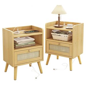 Fixwal 2-piece Set Charging Station, Rattan Decorated Drawers, Open Storage Side Table, Bedside Table with Solid Wood Legs, Suitable for Bedroom, Natural Color