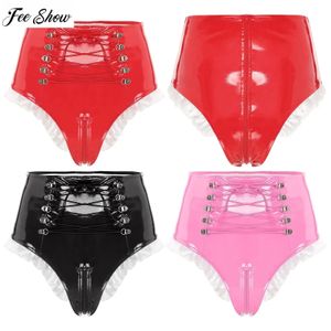 Womens Sexy French Maid Panties Shiny Leather Frilly Knickers High Waist Laceup Zipper Crotch Underwear Latex Briefs Clubwear 240311