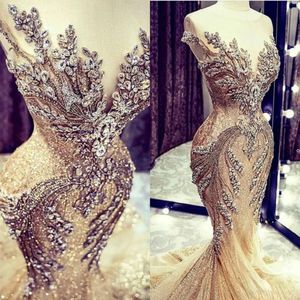 Evening New Gold Dresses Lace Crystal Beads Sequin Sweep Train Formal Bridal Pageant Prom Gowns Custom Made