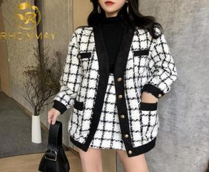 Arbeitskleider 2021 Herbst Frauen Plaid Zweiteiler Set Damen Langarm Woll Tweed Jacke Mantel Kurz Bleistift Büro Rock Anzüge8359804