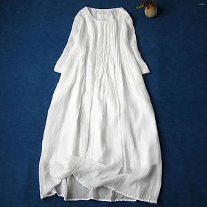 Sukienki swobodne 2024 Spring i lato bawełniany bieliznę luźne proste wszechstronne okrągły szyję solidna sukienka na środkową długość