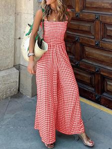 Women's Two Piece Pants Elegant Plaid Print Wide Leg Jumpsuit Office Sexy Off Shoulder Backless Sling Playsuit Overalls Summer Women Casual