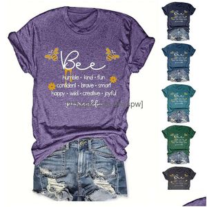 Blusas femininas camisas abelha carta impressão casual solto em torno do pescoço manga curta t-shirt das mulheres topo entrega de entrega vestuário dhnxc