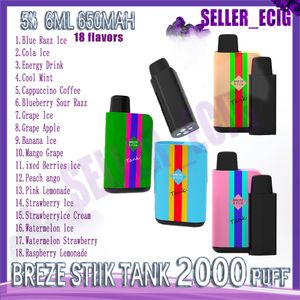 100% Original Breze Stiik Tank 2000 Puffs Cigaretter engångsvapspenna ECIGS Byte av POD 6 ml 18 smaker 650mAh Batteri 2% 5% förångare ånganordning