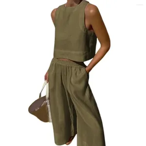 Женские брюки из двух предметов с высокой талией, легкий топ на бретелях, широкий стильный жилет с карманами для повседневного использования