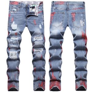 Jeans dritti slim fit con vernice personalizzata, pantaloni lunghi da uomo a gamba piccola blu dipinti a mano con fori