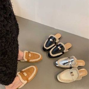 Oz Mules Schuhe Pelz Wolle Echtes Leder Koreanische Version der modischen Brötchen mit Boden, Halbplüsch, Einzelfuß und Winterkleidung, Plüsch und warme Baumwolle, ein Fuß