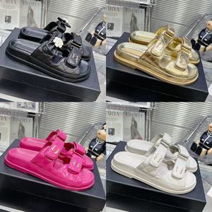 2024 designer luxury women platform beach Slides slippers 100% leather camellia metal logo outside casual sandal spring summer ladys square head flip-flops slipper