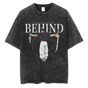 T-shirt da uomo Abbigliamento da strada hip hop T-shirt nera lavata da uomo T-shirt stampata anime giapponese T-shirt oversize in cotone casual a maniche corte J240322