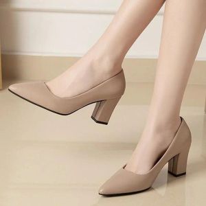 Pompe Autunno più recente in pelle femminile Spessa scarpe single con tacco singolo Ladies puntato di punta poco profonda Pompe da lavoro con tacchi alti superficiali UE 3541 Black Beige