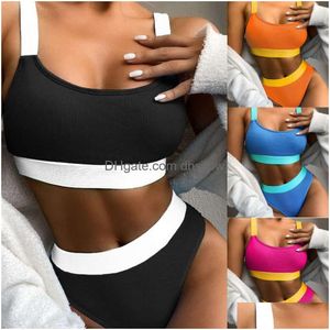 Damenbadebekleidung 2024 Split Hohe Taille Einfarbiger Bikini Damen Badeanzug Drop Delivery Bekleidung Kleidung Dhewu