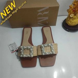 Cheap Store 90% Off Wholesale Za Womens Shoes Square Head Flat Bottom Slippers Pearl Embellishment Buckle Water Diamond Weaving Material One Line Strap Cooling