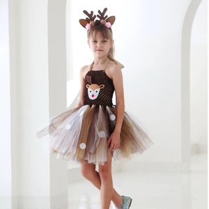 Christmas Reindeer Girls Tutu Dress Roll Play Cartoon Deer Princess Tulle Kids Party Dresses Xmas Costume For Girl 240318