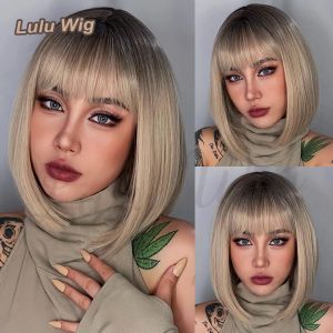 Perucas curtas retas bob com bang dourado marrom cabelo sintético natural para mulheres cosplay diário perucas de fibra resistente ao calor