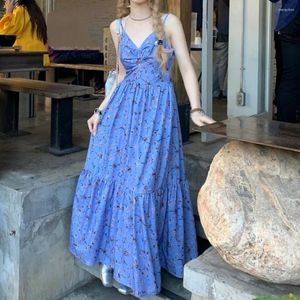 Casual Dresses M-3XL Purplay Blue Floral Long Sling Dress for Women Summer Elegant V Neck Backless Maxi Holiday Beach Female 2024