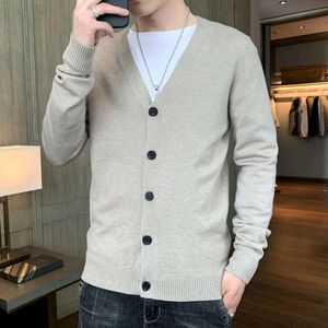 Primavera e outono novo cardigan masculino manga comprida malha cor sólida coreano fino ajuste tendência versátil outerwear camisola