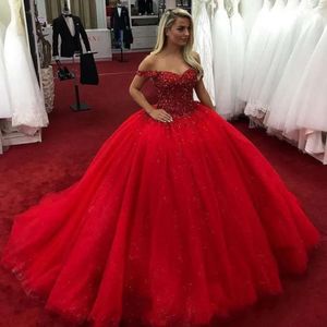 Gown Puffy Ball Quinceanera Off Shoulder Beads Crystals Lace Up Sweet Dresses Prom Vestidos De
