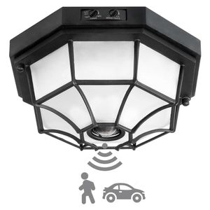 VIOAOEAFA Outdoor Flush Mount Motion Sensor Ceiling Light, Black Finish with Frosted Glass, Ideal Exterior Lighting Fixture for Front Porch, Garage, Covered