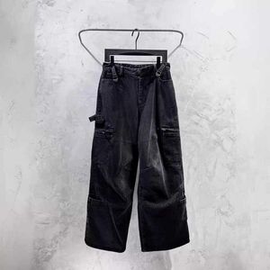 Designer B Home Paris Correto Alta Versão 24ss Lavado Preto Cinza Reta Carga Calças de Madeira Jeans Solto Fit V3XA