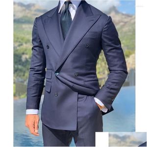 Męskie garnitury Blazers granatowe formalne mężczyzn Business Slim Fit Custom Groom Tuxedo na imprezę 2 -częściowy kostium mody męskiej 2023 Drop dostarczenie OTT4V