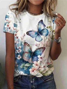 Women's T-Shirt Womens T-shirt Butterfly Holiday Weekend Blue Purple Green 3D Printing Short Sleeve Basic Round Neck Regular Set 240323