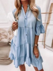 Bonito mangas fofas férias de verão vestido com babados feminino botão sólido remendo trabalho e lazer vestido de festa praia feminino cintura solta vestido com decote em v 240322