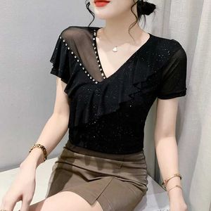 Women's T-Shirt Wxw6582 Black Blue Red Mesh T-shirt Womens V-neck Diamond Sexy Tight T-shirt Ruffled Thin Office T-shirt Womens Short Sleeve Summer 240322